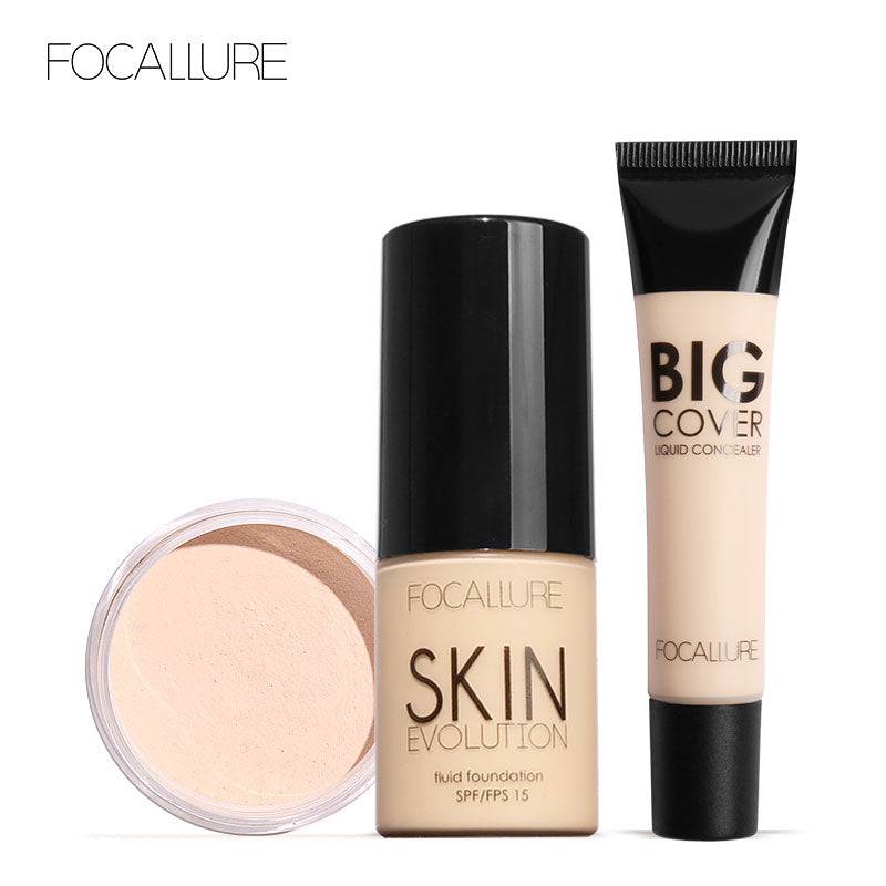 FOCALLURE Radiant Skin Foundation set with liquid foundation, concealer, and loose powder for flawless full coverage.