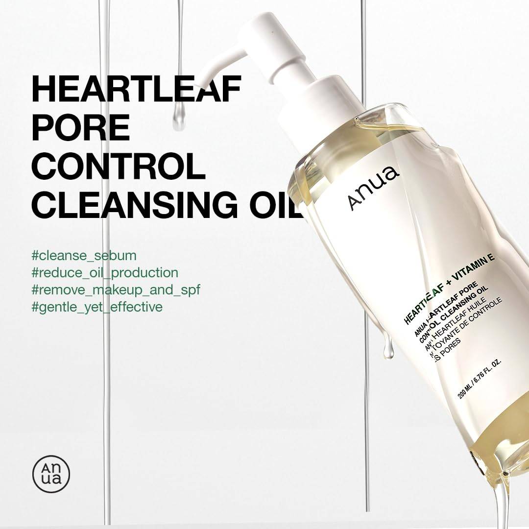 Heartleaf Glow Cleansing Oil bottle tilted with text promoting pore control, makeup removal, and gentle yet effective cleansing.