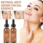 TRSTAY Retinol Serum duo with a smiling woman and anti-aging benefits highlighted, including skin firming and wrinkle reduction.