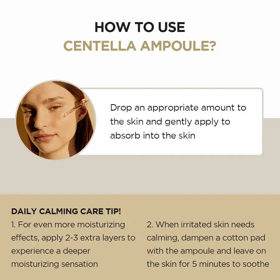 Instructions for using Centella Glow Serum, including tips for calming irritated skin and enhancing moisturizing effects.