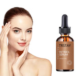 TRSTAY Retinol Serum bottle next to a woman with radiant skin, showcasing anti-aging and firming effects.