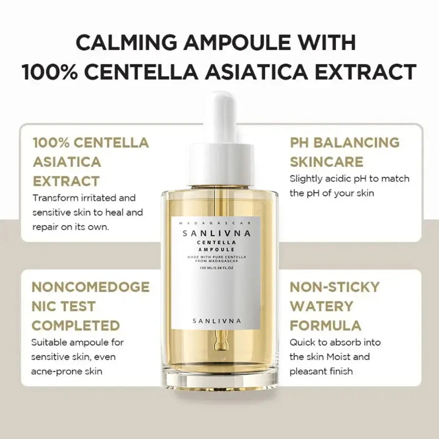 Calming ampoule with 100% Centella Asiatica extract, pH balancing formula, non-comedogenic, and non-sticky watery texture.