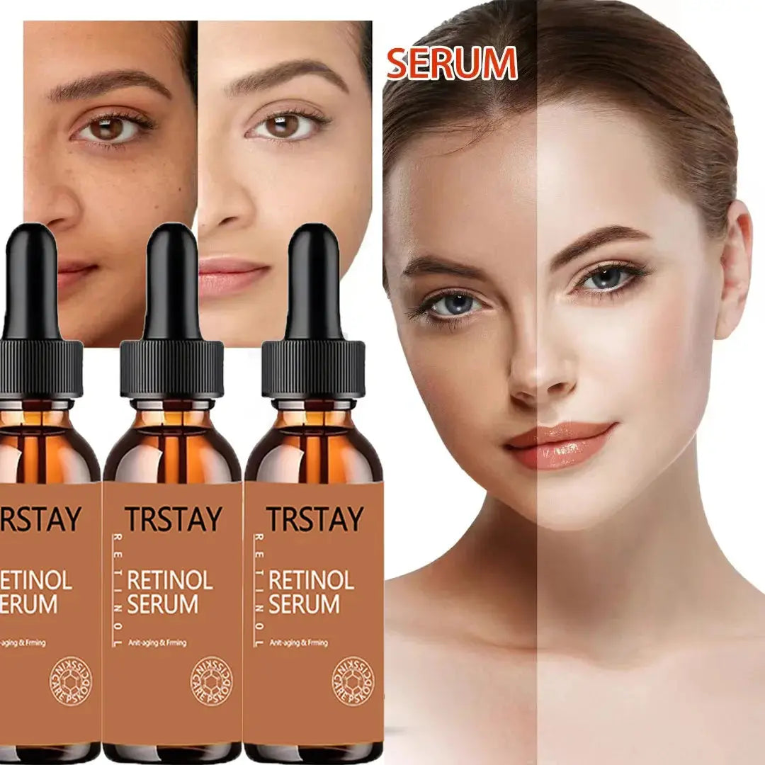 TRSTAY Retinol Serum bottles with before-and-after skin transformation, emphasizing anti-aging and brightening effects.