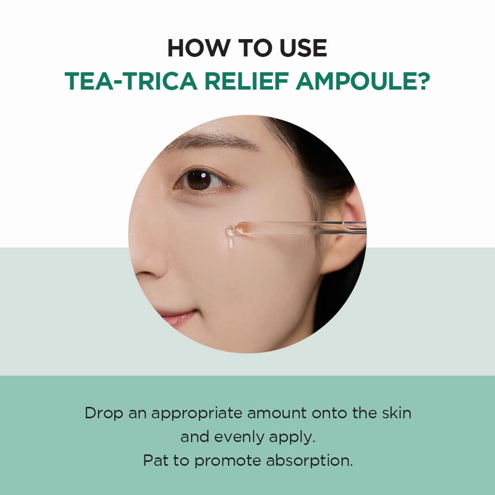 How to use Tea-Trica Relief Ampoule, showing application on skin with a dropper for even absorption and hydration.