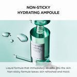 Non-sticky hydrating ampoule with liquid formula, shown with water droplets to emphasize moisture and absorption benefits.