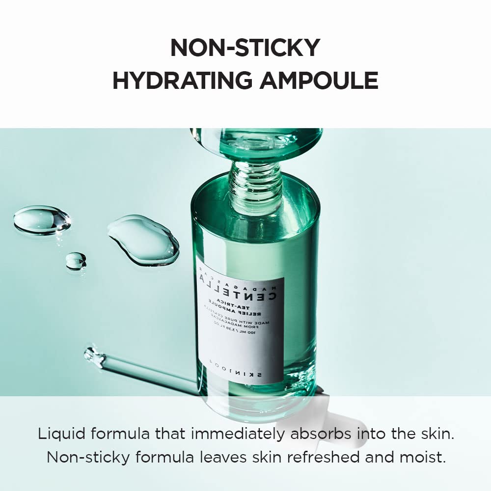 Non-sticky hydrating ampoule with liquid formula, shown with water droplets to emphasize moisture and absorption benefits.