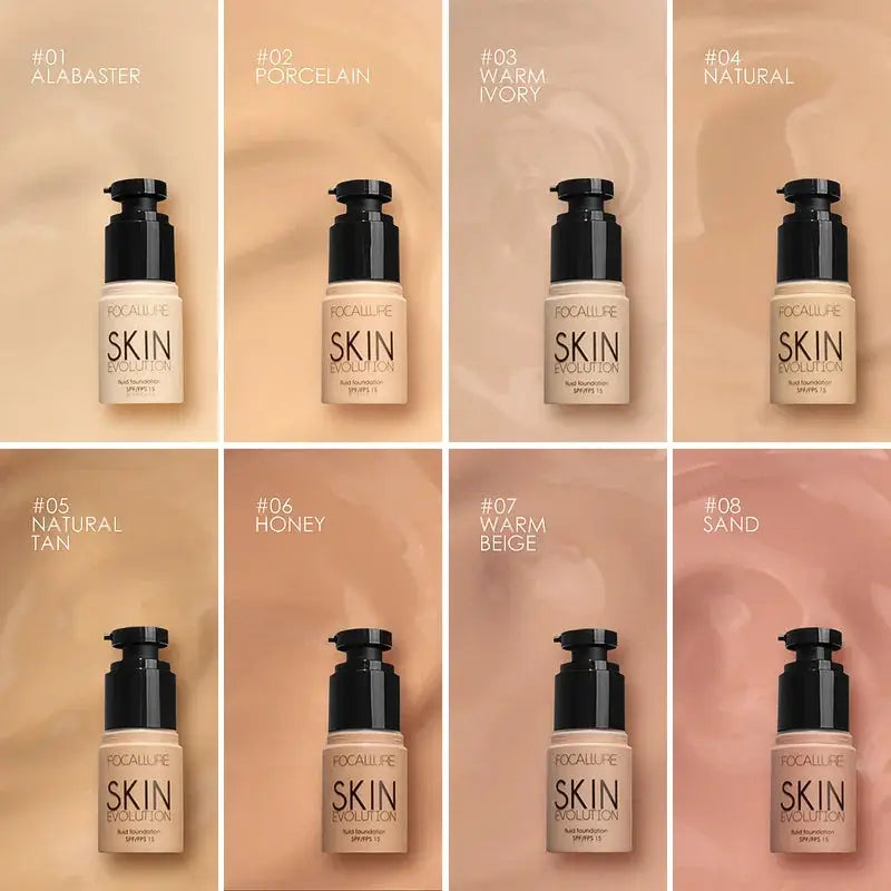 FOCALLURE Radiant Skin Foundation shade swatches from light to dark, including Alabaster, Porcelain, and Warm Beige.