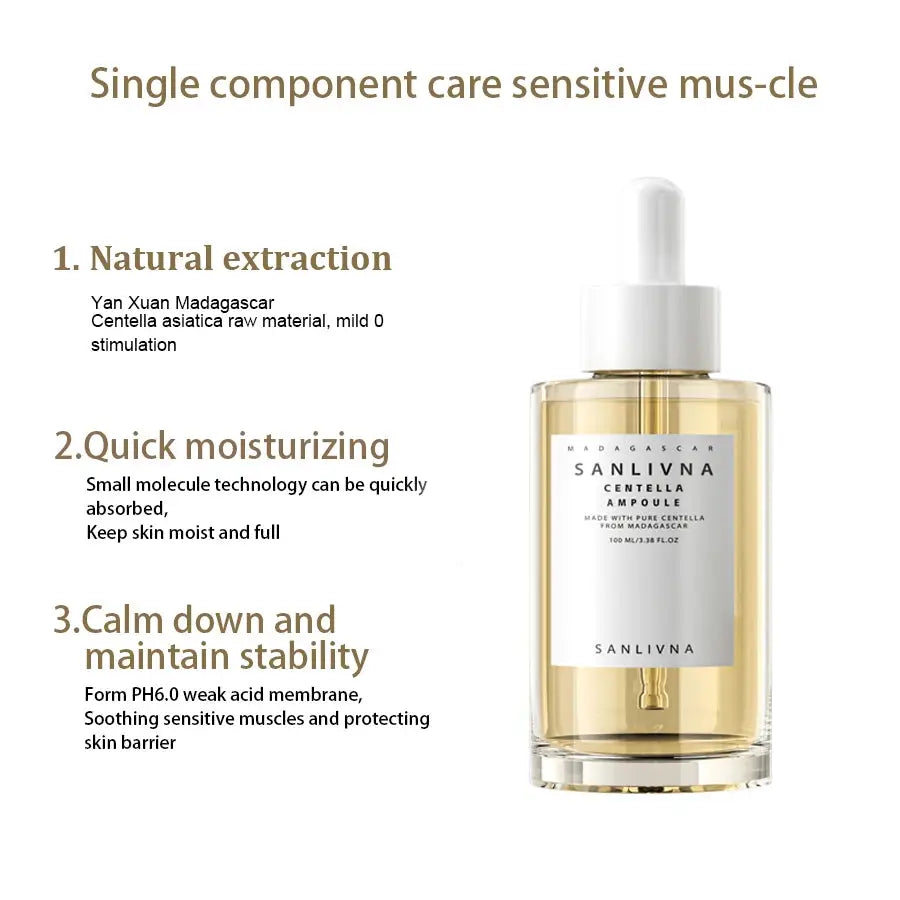 Centella Glow Serum features natural extraction, quick moisturizing, and calming properties for sensitive skin care.