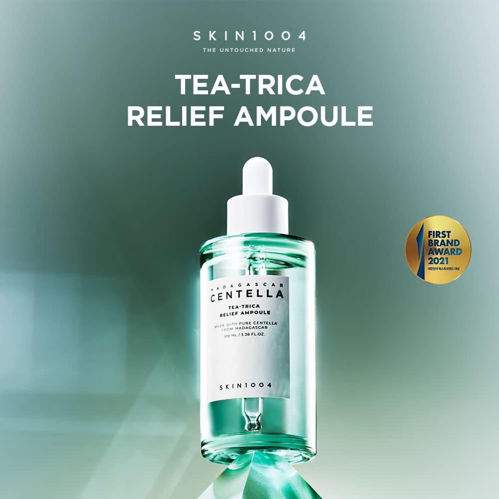 Tea-Trica Relief Ampoule by Skin1004 with award badge, featuring calming and hydrating properties for sensitive skin.