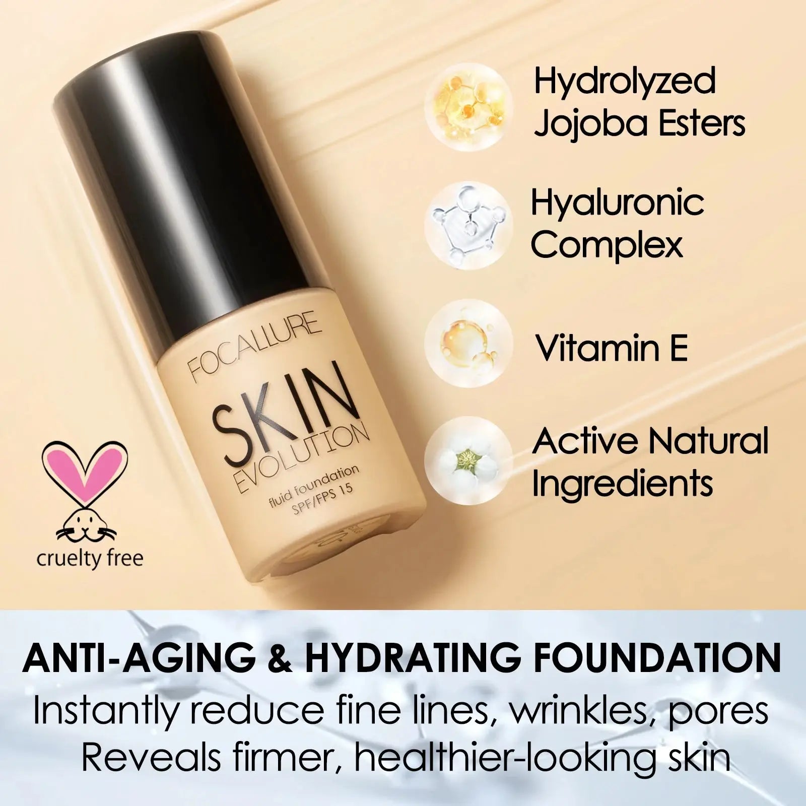 FOCALLURE Radiant Skin Foundation with hydrating ingredients like jojoba esters and hyaluronic complex for anti-aging benefits.