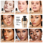 FOCALLURE Radiant Skin Foundation shade chart featuring eight shades from Alabaster to Sand for diverse skin tones.