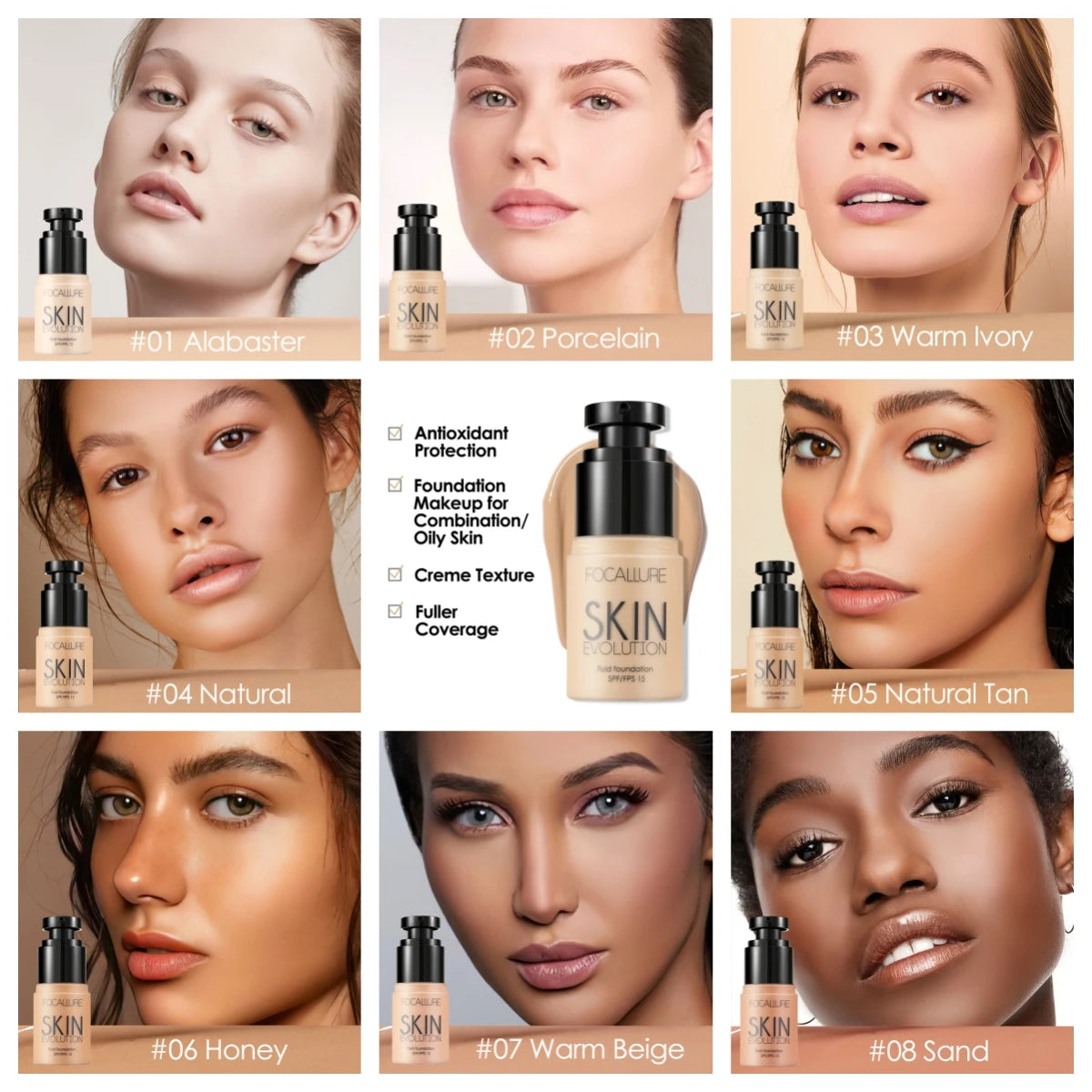 FOCALLURE Radiant Skin Foundation shade chart featuring eight shades from Alabaster to Sand for diverse skin tones.