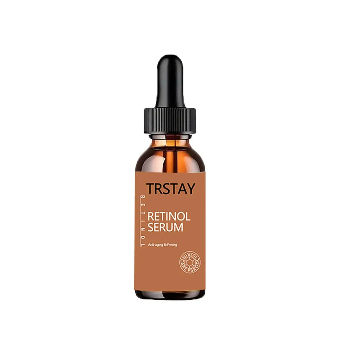 TRSTAY Retinol Serum in amber bottle with dropper, designed for anti-aging and firming benefits.